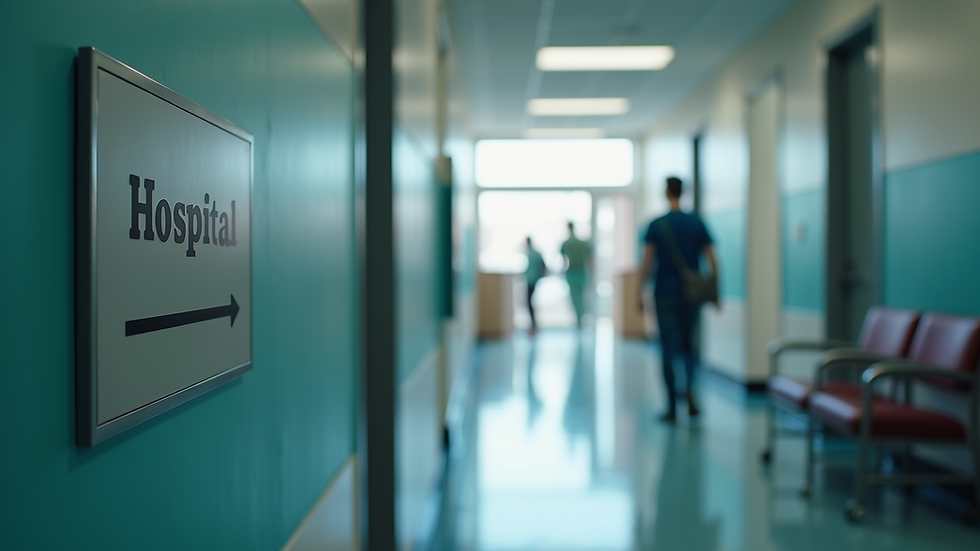Eye-level view of a hospital entrance with clear signage