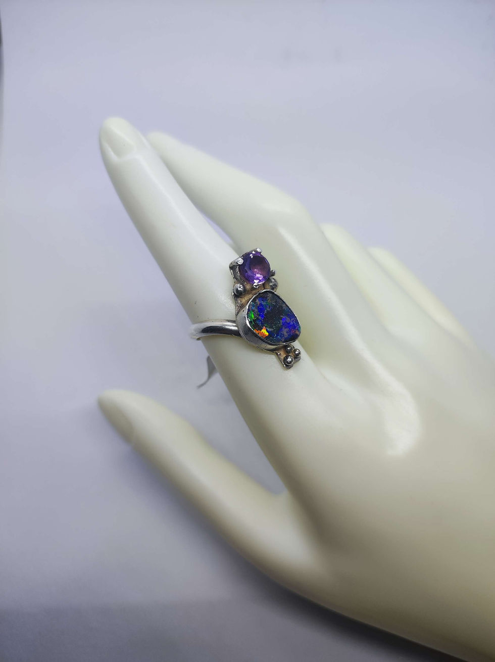 Bague opale australienne/améthyste T55