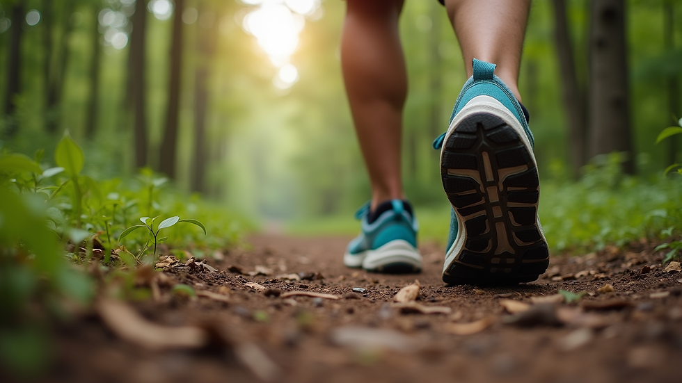 Close-up view of a pair of running shoes on a forest trail