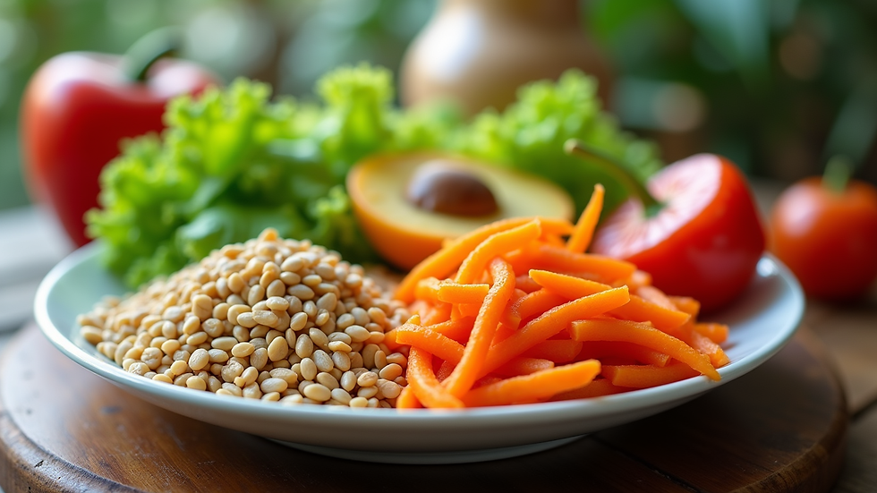 Eye-level view of a colorful plate with fresh vegetables and grains