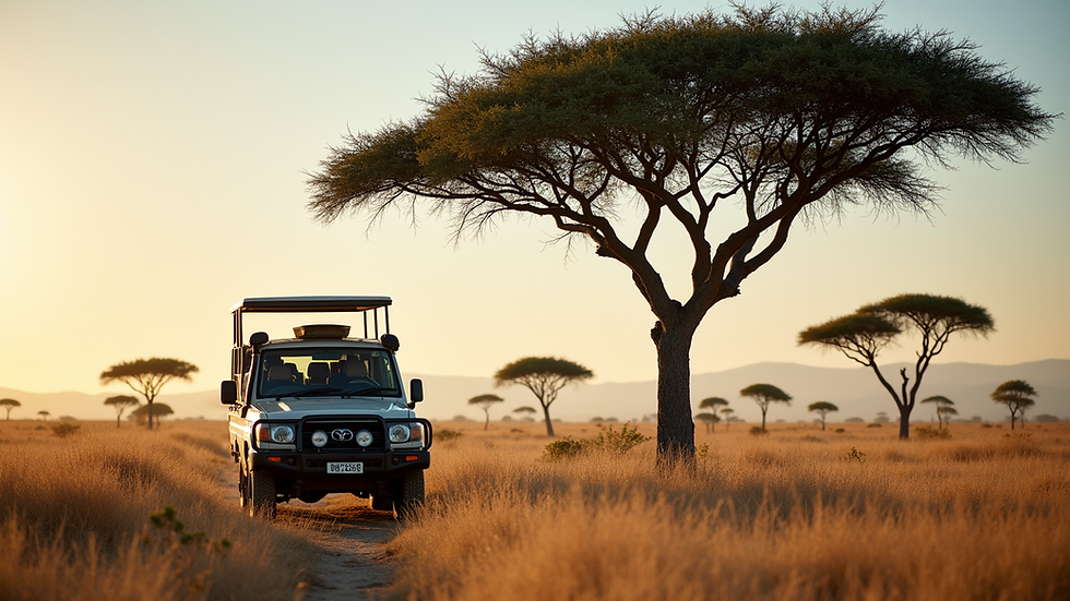 Eye-level view of safari vehicle parked near acacia trees in Maasai Mara