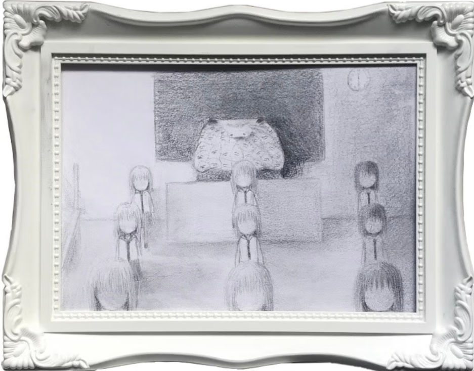 three rows of faceless school girls standing and looking forward.  behind them is their a teacher - a frog with skin stitched up of different mouths. 