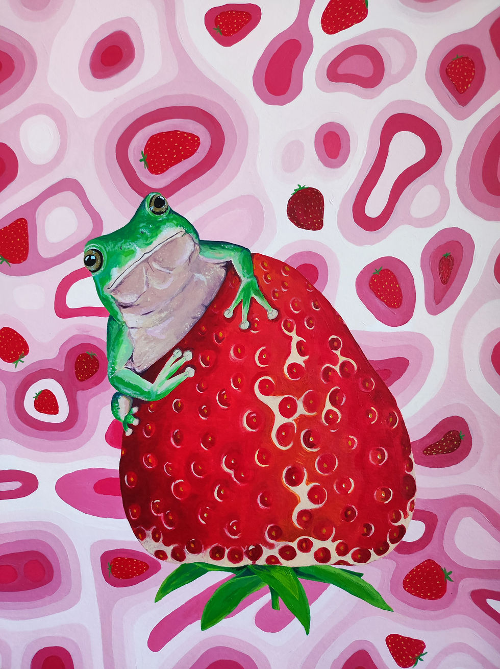 Miniaturbild: grüner Frosch auf Erdbeere rosa rot