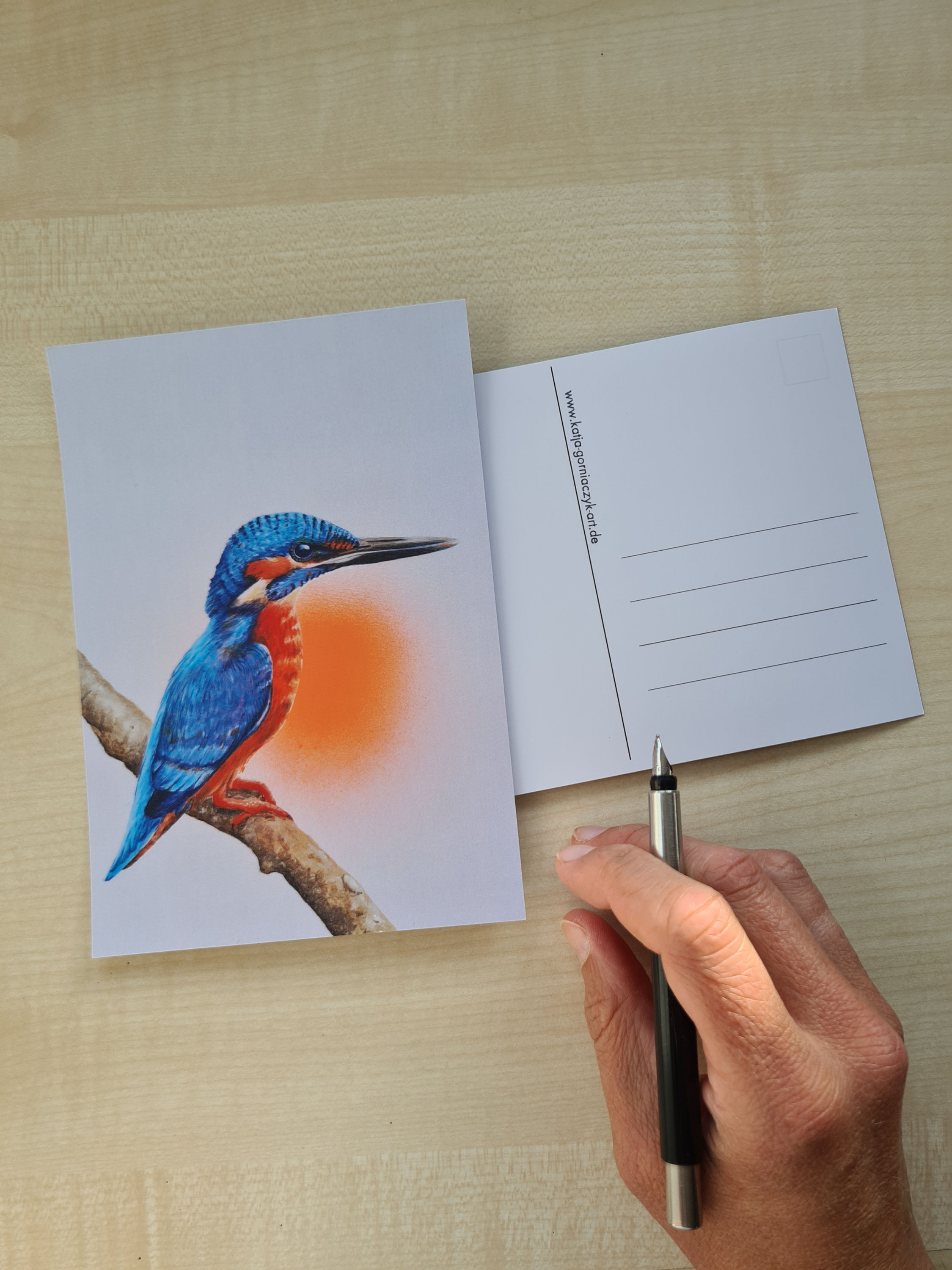Postkarte mit Eisvogel neonorange