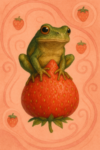 von ki erstelltes Kunstwerk frosch auf erdbeere