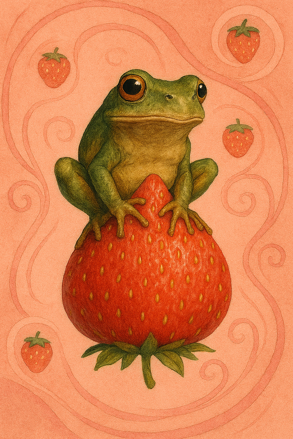 von ki erstelltes Kunstwerk frosch auf erdbeere