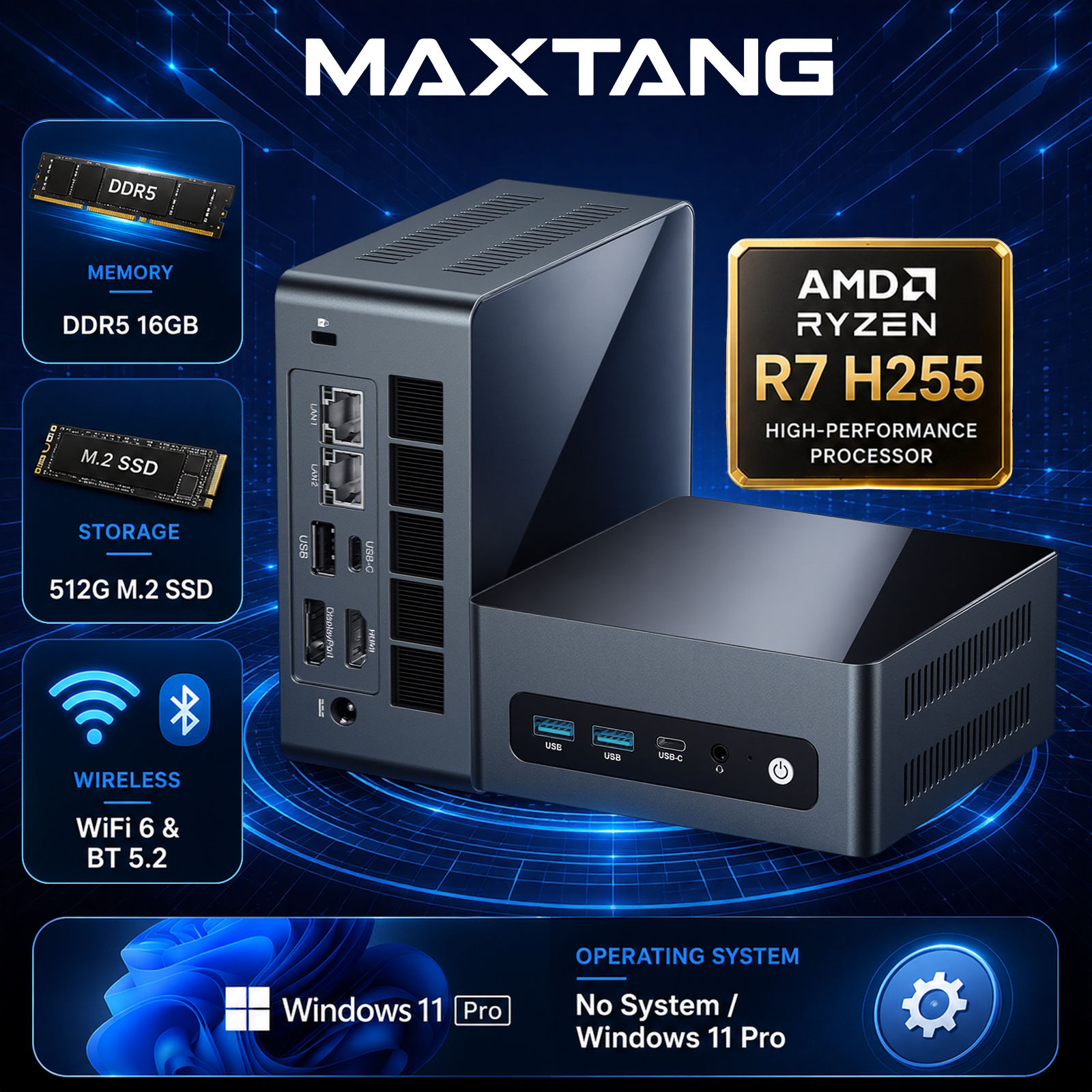 Mini PC Gamer Maxtang H255 com AMD Ryzen7 H 255 (Atualizado para 8745HS, até 4.