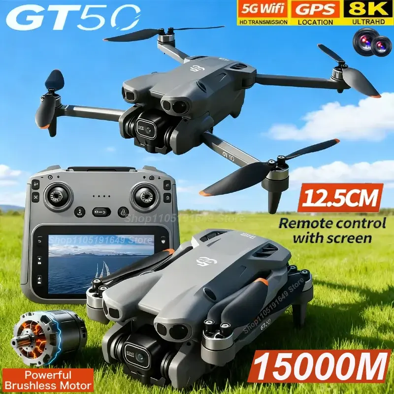 Drone GT50 Atualizado com Câmera Dupla 8K HD, WIFI 5G, GPS, Motor Brushless, Fl