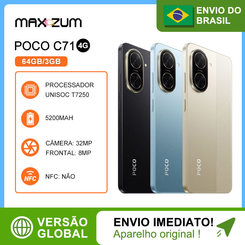 Poco C71 4G 64GB+3GB RAM, Processador UNISOC T7250, Câmera 32 MP, Versão Globa