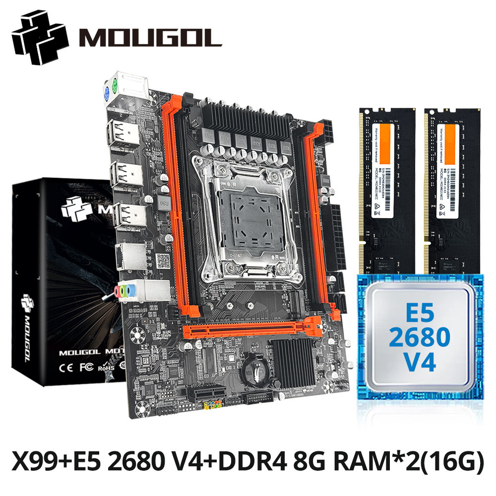 Kit de Placa-Mãe MOUGOL X99 com Intel Xeon E5 2680 V4 e Memória RAM DDR4 8Gx2