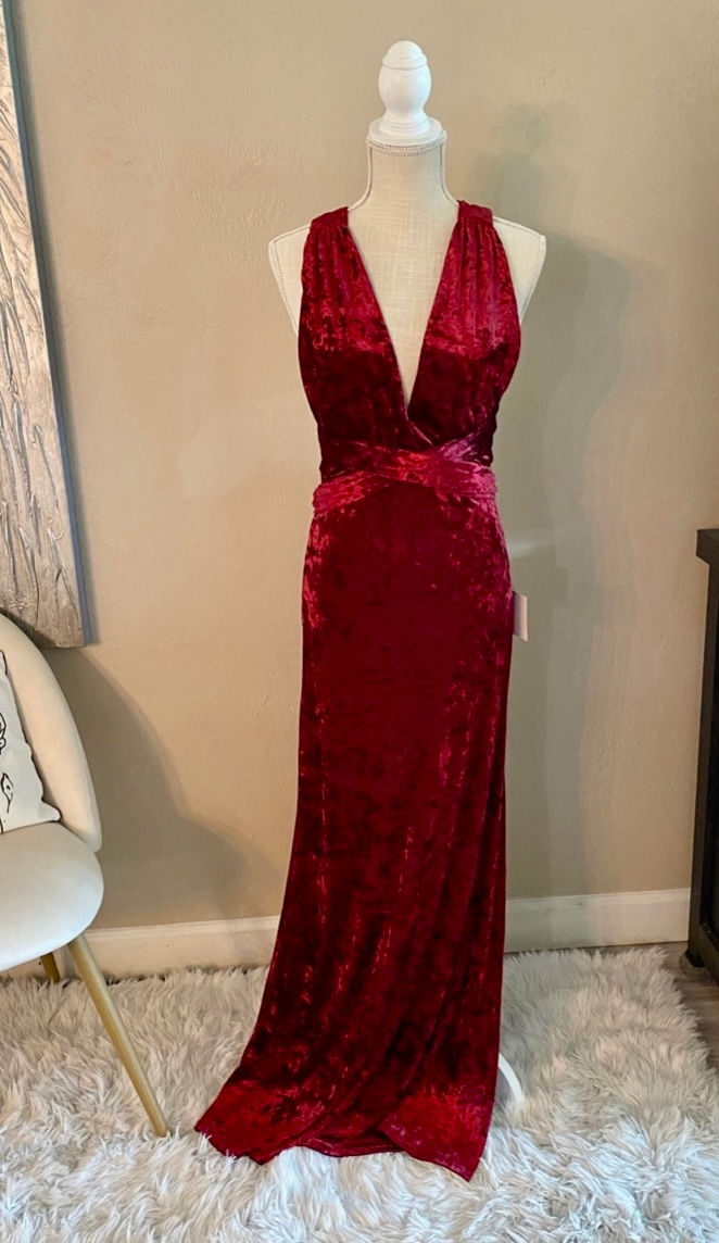 Thumbnail: Red velvety soft convertible full length cocktail dress from Lulus size S, new w