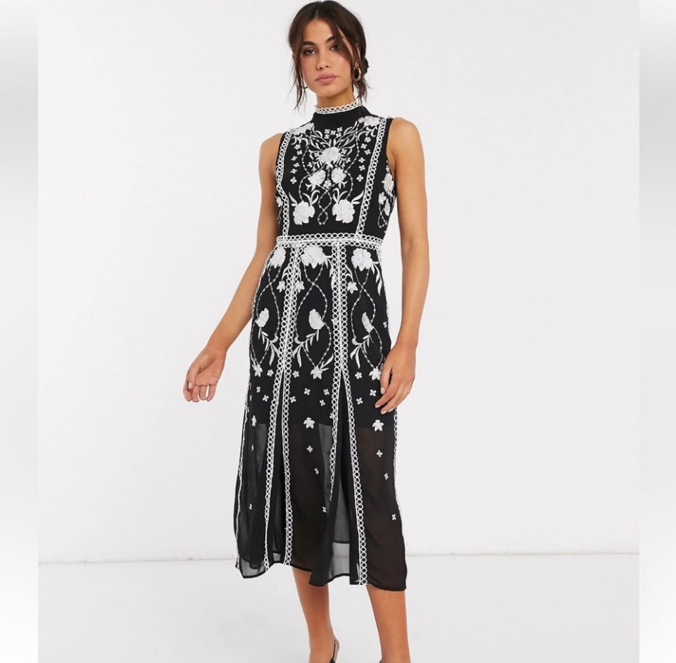 Thumbnail: ASOS DESIGN embroidered midi dress with godets and circle trim