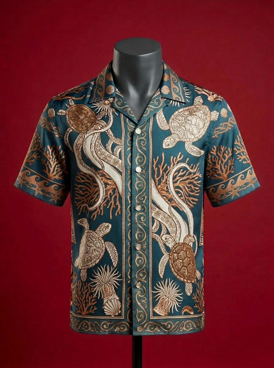 Pakrezi Sea Turtle & Octopus Silk Resort Shirt