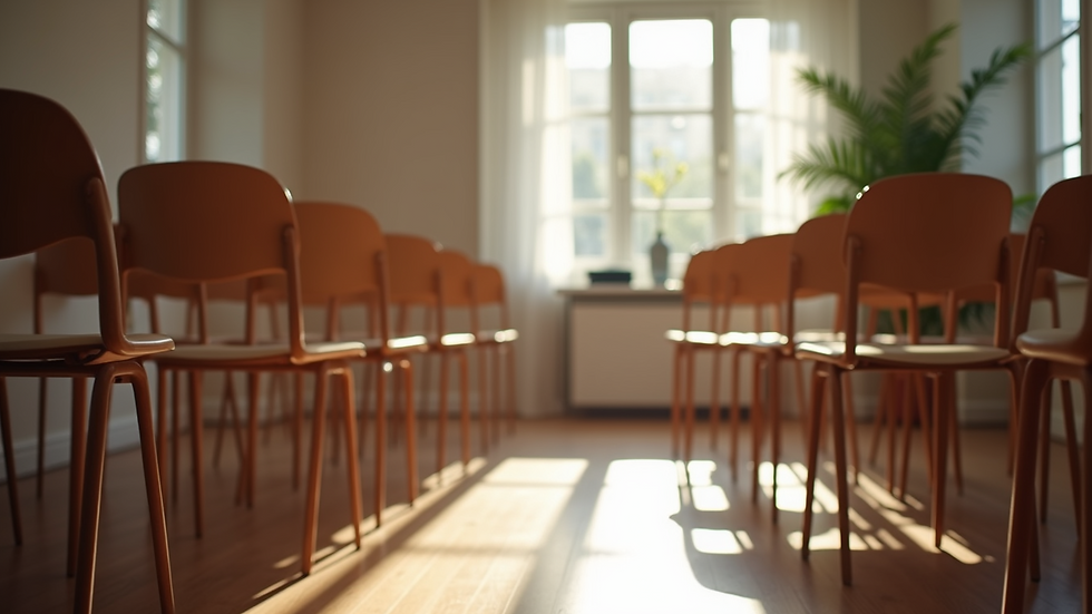 Eye-level view of a cozy event space with chairs arranged for a workshop