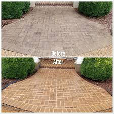 Brick walkway before and after pressure washing