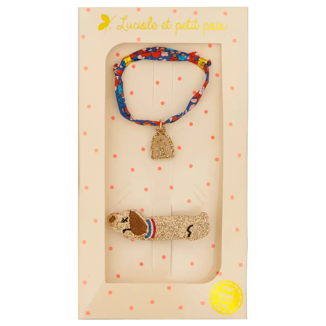 Coffret cadeau - Barrette teckel long & bracelet Liberty Betsy Ann écarlate