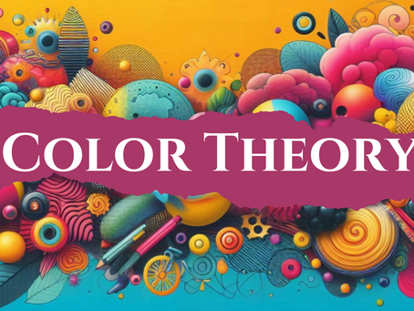 Colorful abstract illustration with swirls and shapes on a vibrant background. Text in the center reads "Color Theory" in white.