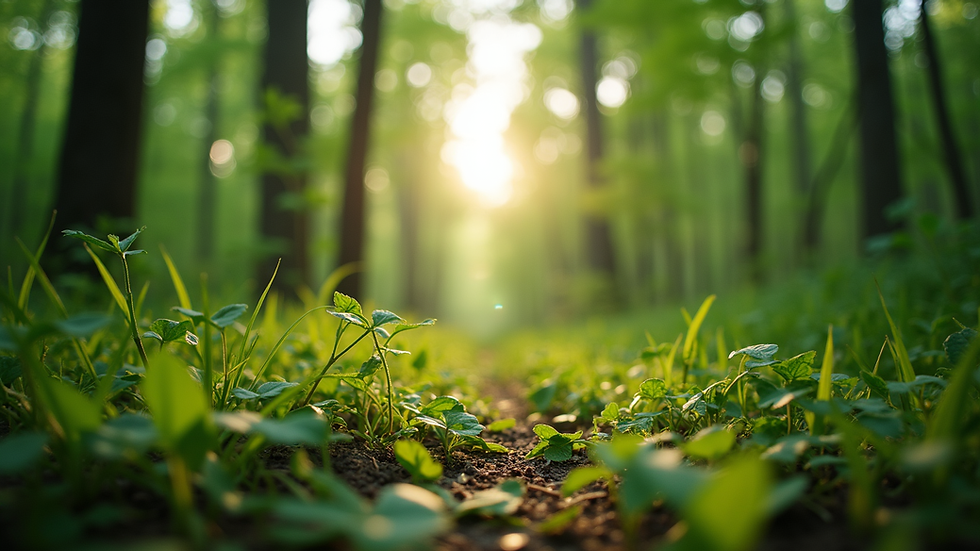 Eye-level view of a lush green forest with sunlight filtering through the leaves