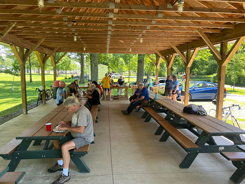 The reward for surviving the wind: Ada Rotary put together a fantastic picnic lunch for us, and we got to sit down, refuel, and actually talk with their members for a while — one of the best parts of these tours is getting to meet the Rotarians who make it possible.