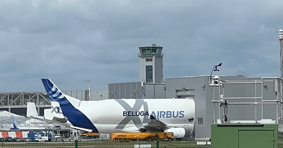 The Airbus super transporter cargo jet at Hamburg’s AirBus Factory. It’s nicknamed the Beluga, and you can see the painted eye of a beluga whale (just visible on the mid-section of the aircraft). Wish we could have gotten a picture of the whole thing!