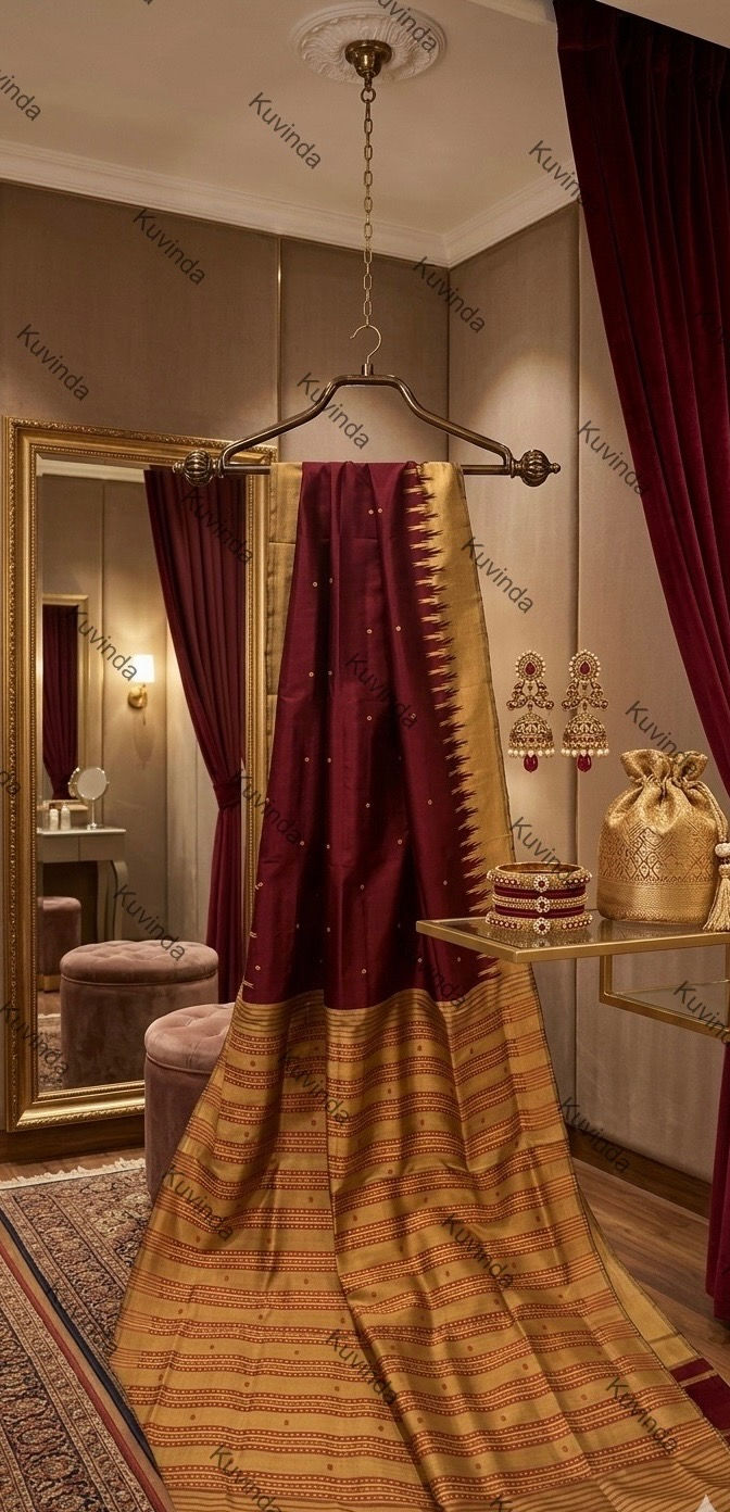 Thumbnail: Maroon & Antique Gold Pure Silk Saree