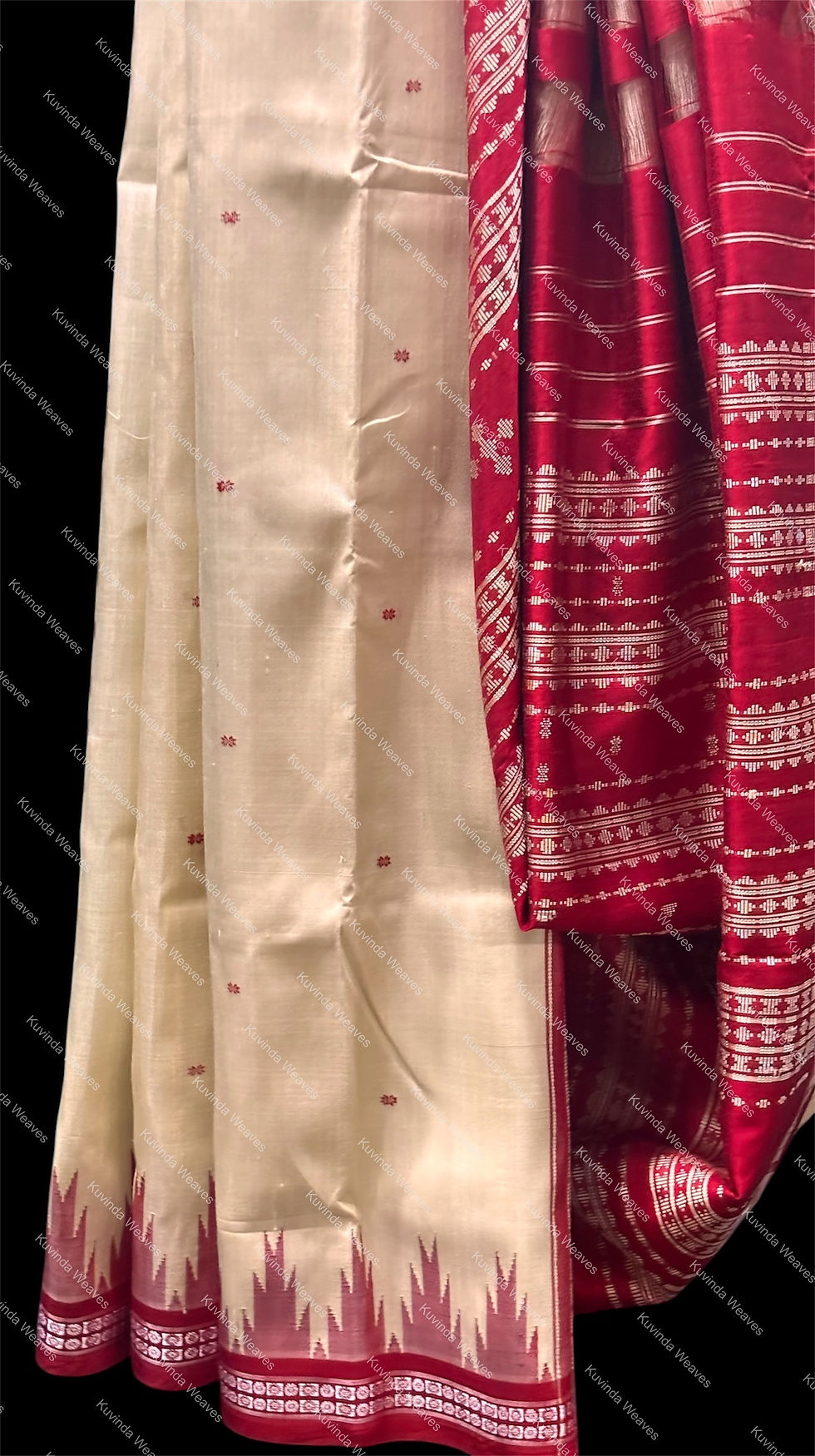 Thumbnail: The Regal Ivory Berhampuri Silk Saree with Temple Border