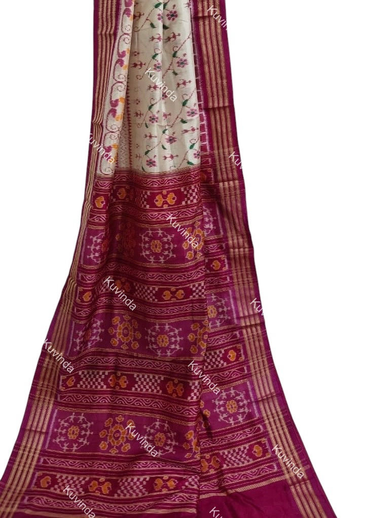 Thumbnail: White  & Magenta Floral Fourply Pure Mulberry Silk Saree