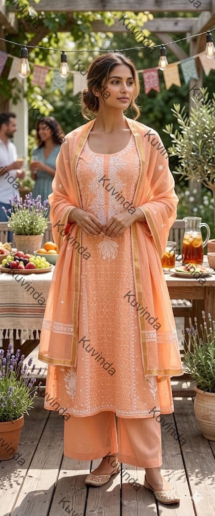 Peach Chikankari & Pearl Work Kurta Set with Dupatta
