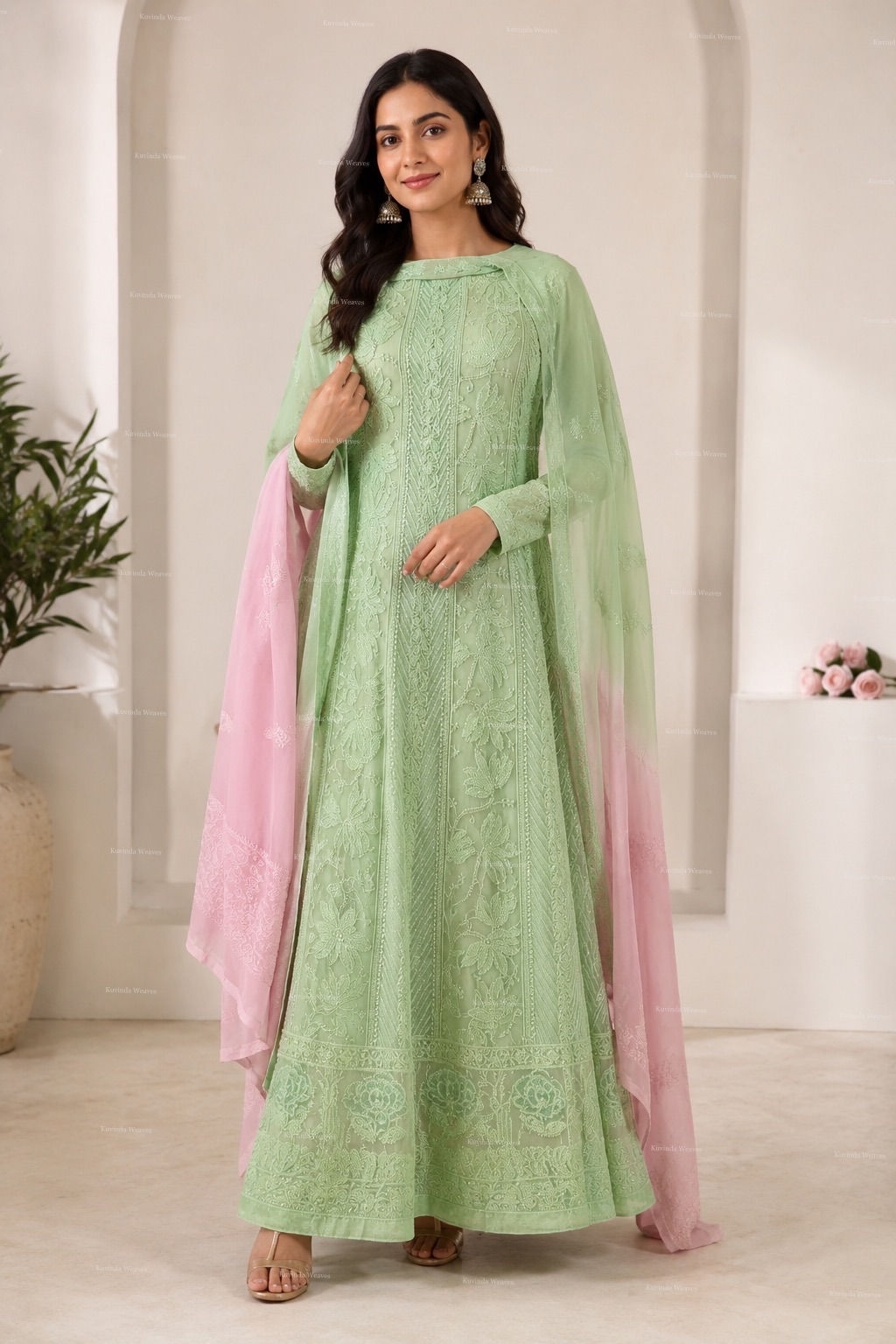 Sage Green Chikankari Anarkali Set 
