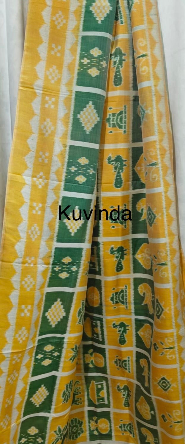 Thumbnail: Mustard & Green Fourply Silk Ikat Saree | Elephant & Temple Motifs 
