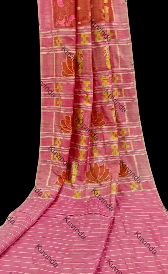 Thumbnail: Coral Crimson Ikat Silk Saree ; Fourply Mulberry Silk 