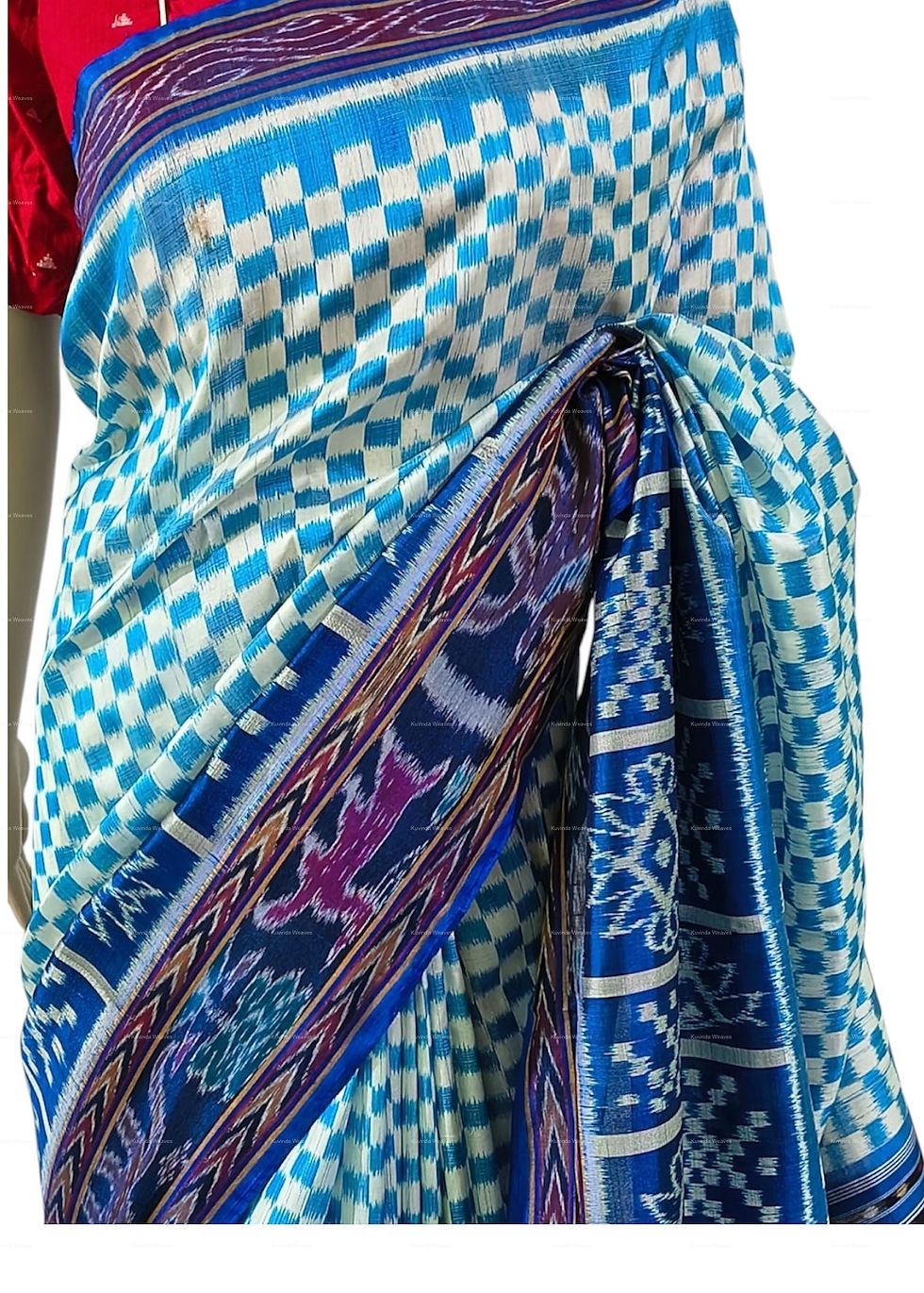 Thumbnail: Ikat Silk Saree : Sky Checks & Midnight Border