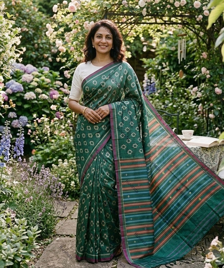 Green Tussar Silk Ikat Saree