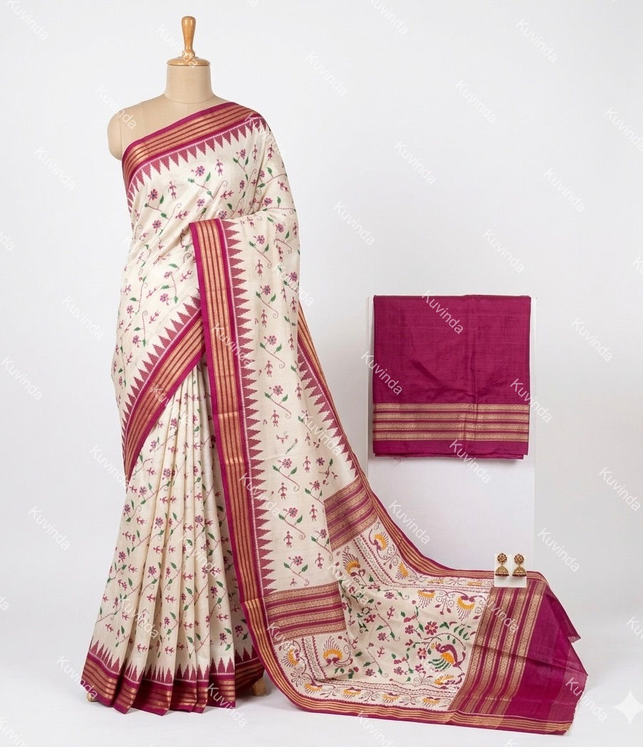 Thumbnail: White  & Magenta Floral Fourply Pure Mulberry Silk Saree