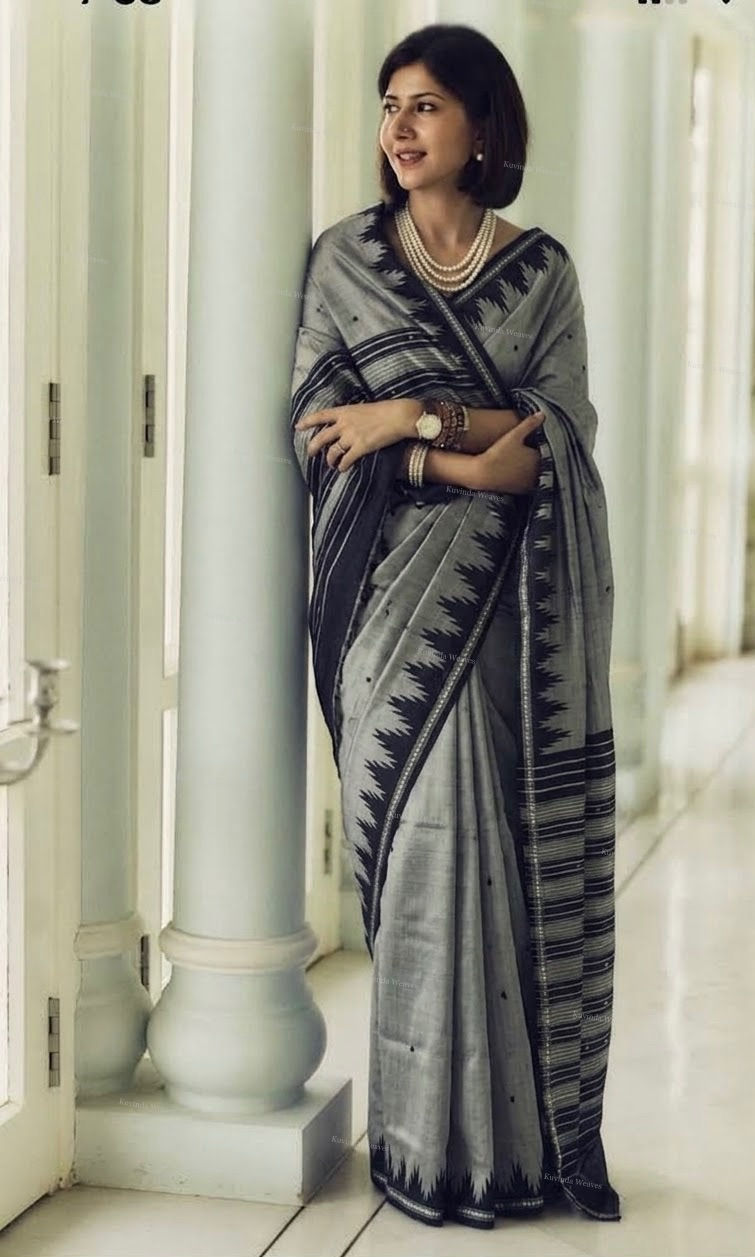 Powder Grey Odisha Silk Saree with Black Temple Border