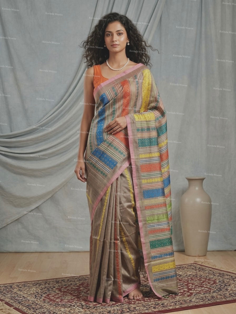 Thumbnail: Sage Tussar Silk Saree with Multicolour Jaala Anchal