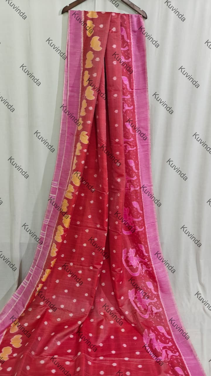 Thumbnail: Coral Crimson Ikat Silk Saree ; Fourply Mulberry Silk 