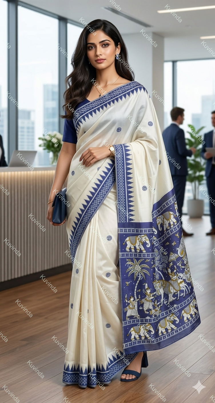 Thumbnail: White Splendour : Pure Fourply Mulberry Silk Ekkat Saree