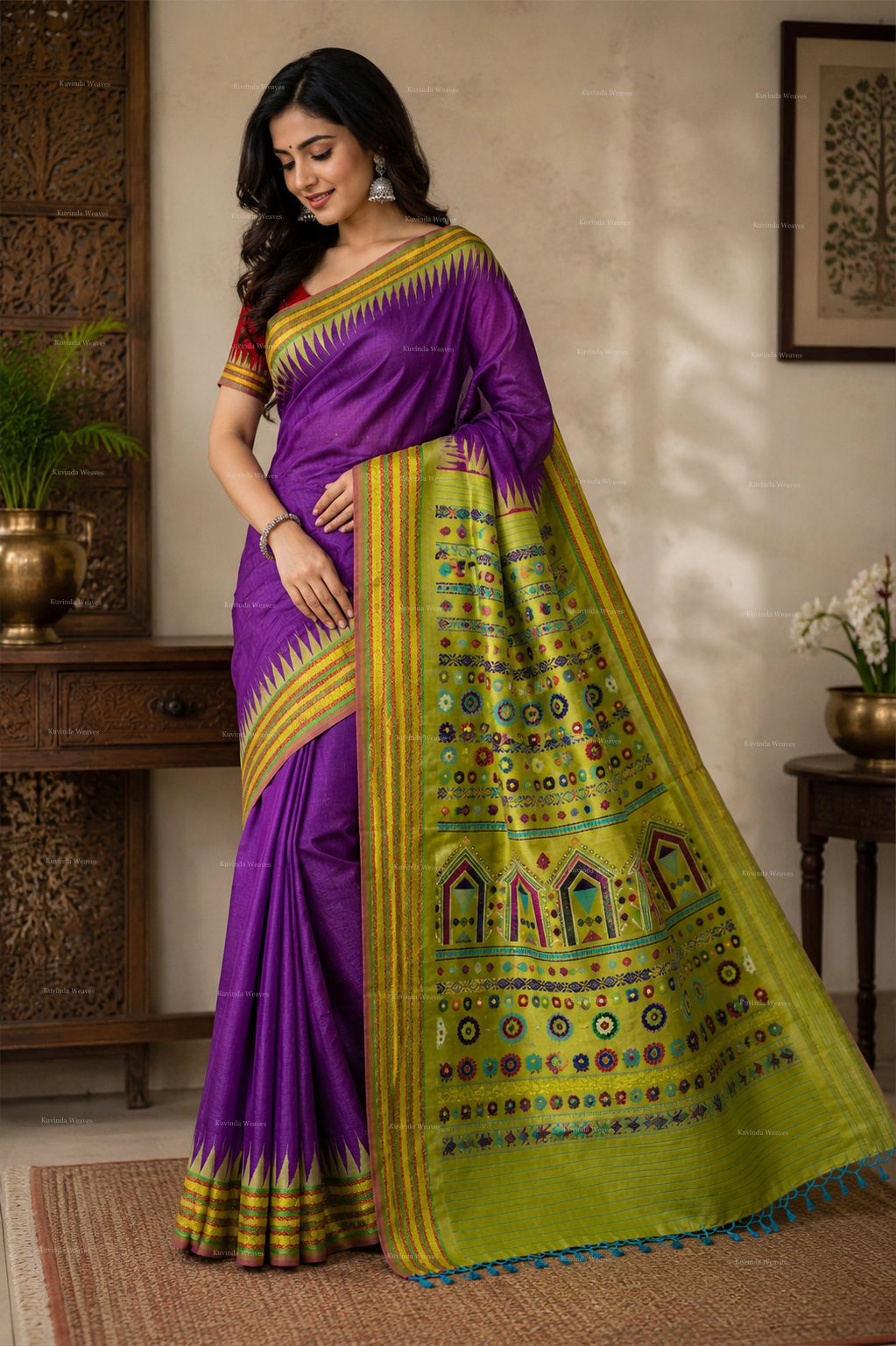 Pure Tussar Silk Saree : Temple Border with Dolabedi Pallu
