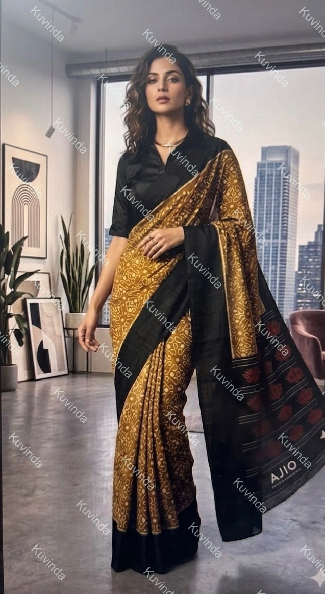 Mustard & Black Mulberry Silk Saree