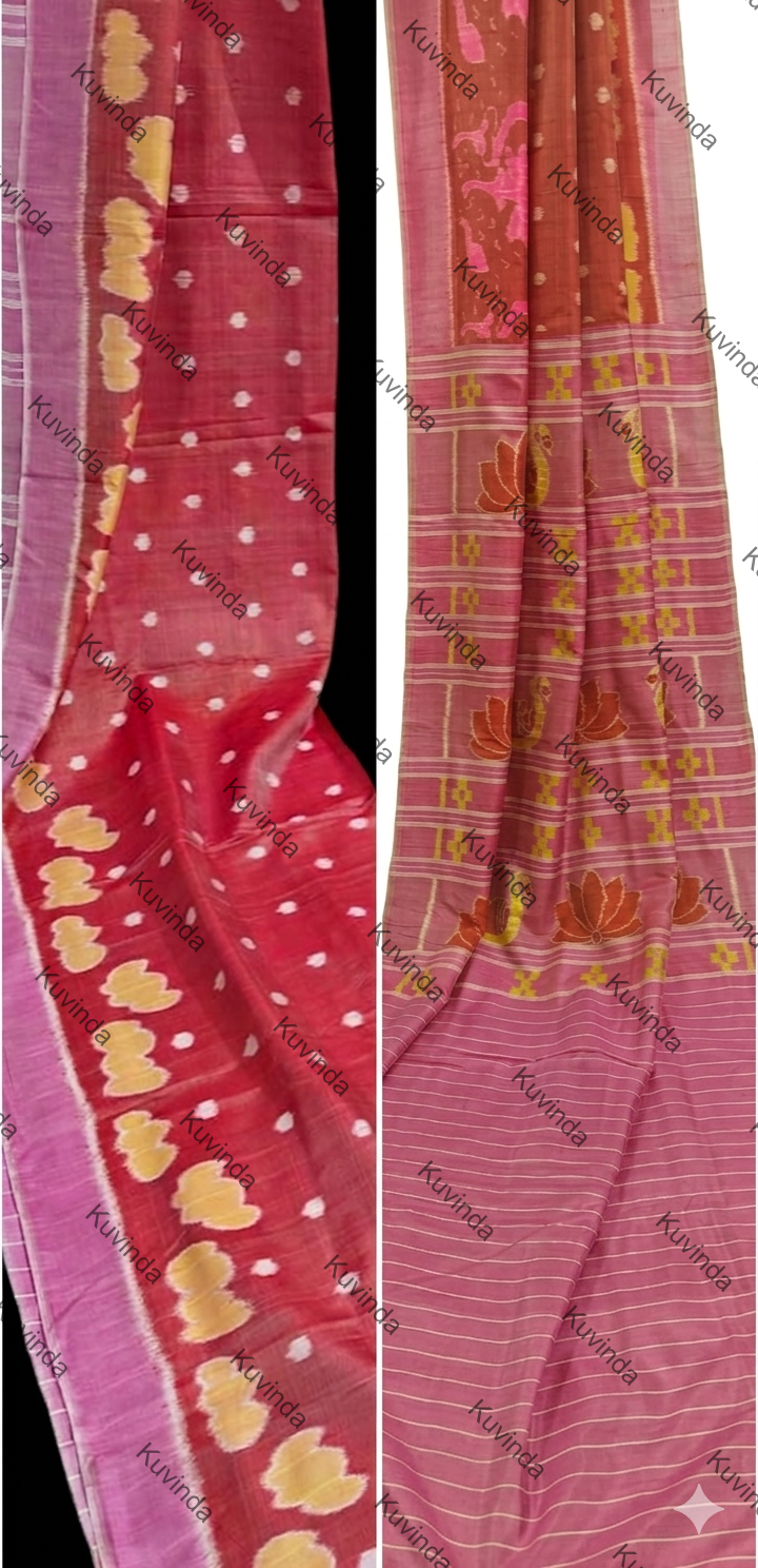 Thumbnail: Coral Crimson Ikat Silk Saree ; Fourply Mulberry Silk 