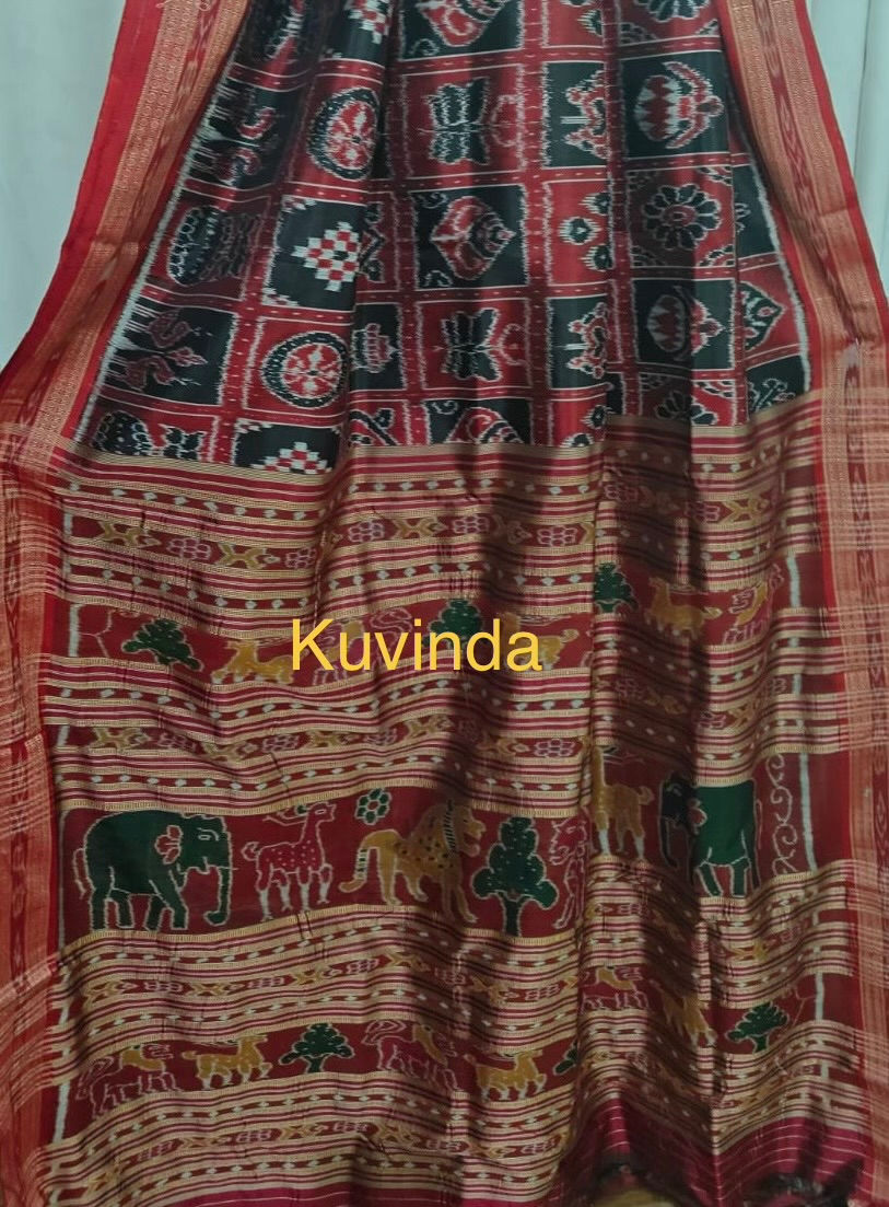 Thumbnail: Maroon & Black Nabakothi Pure Silk Saree |Animal Pallu | Rudraksha Border