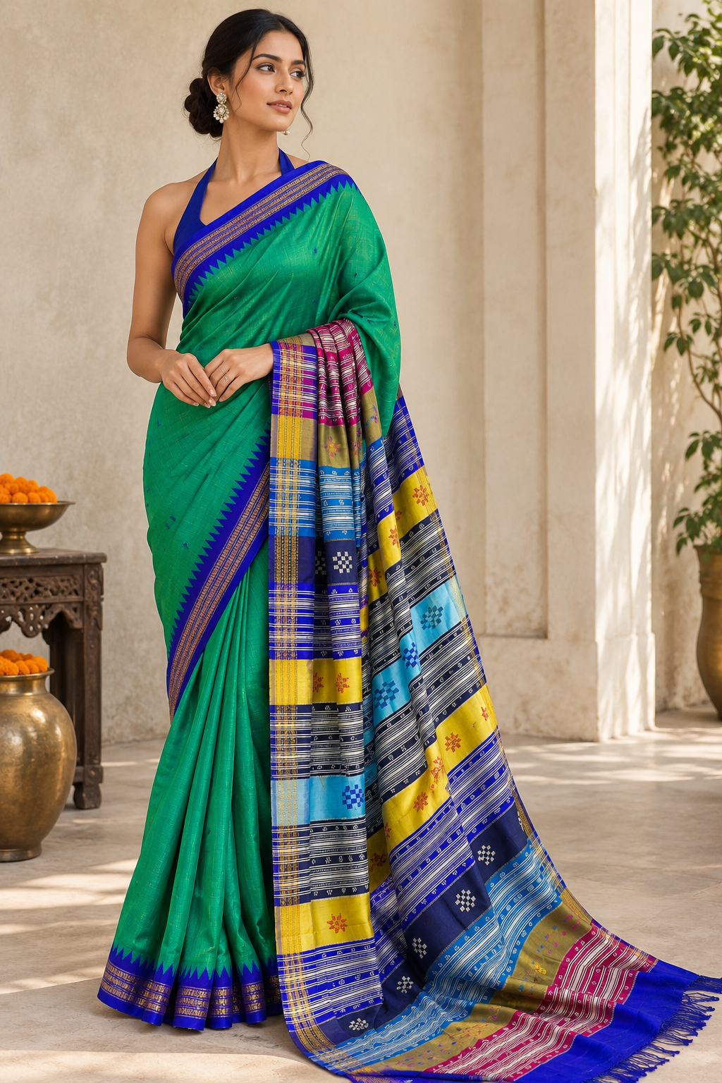 Double Pallu Silk Saree in Emerald Green