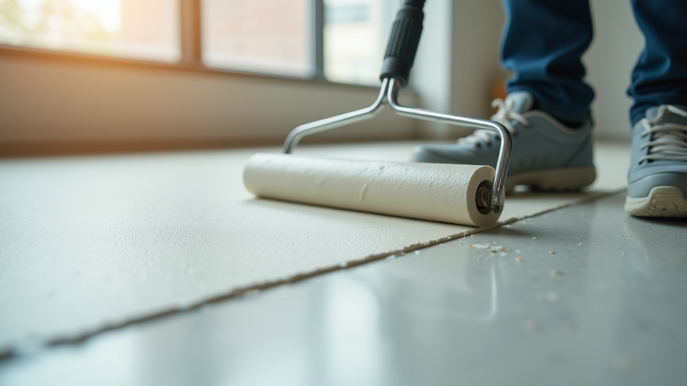 Close-up view of seamless floor being applied with a roller