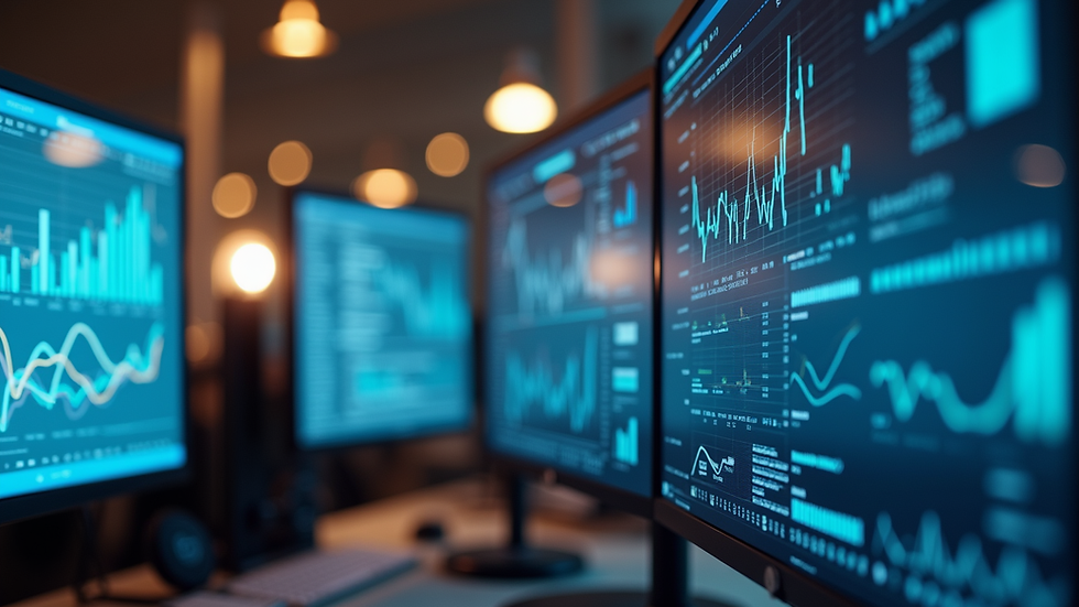Eye-level view of a modern office workspace with multiple computer screens displaying data analytics