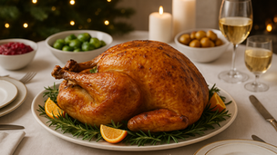 Golden roasted Christmas turkey on a dinner table with sides and candles, high quality festive food photography
