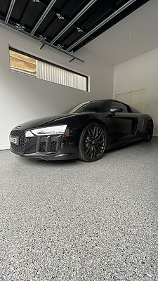 Epoxy flake flooring system installed in modern garage | Epoxy Flooring Sydney | CrownCrete | Sydney