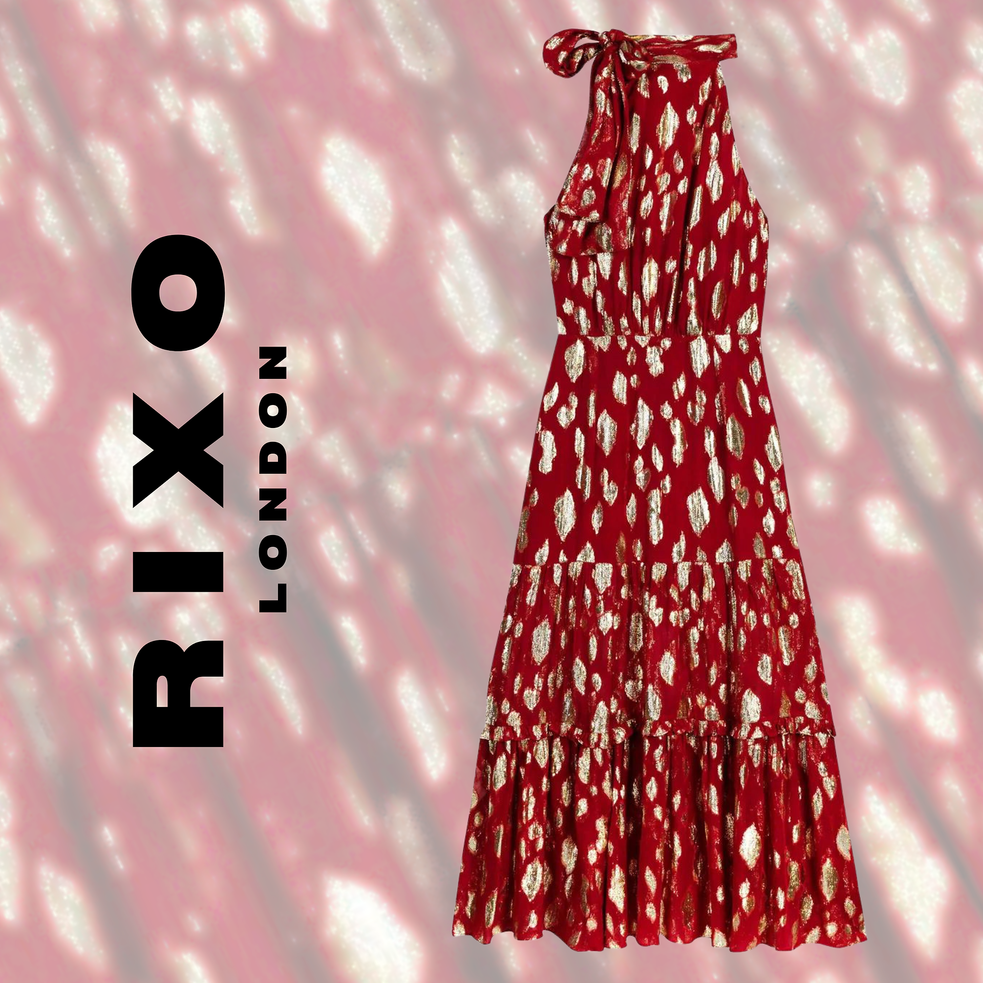 Rixo London dress with rich wine red colour and soft gold lurex animal print abstract pattern