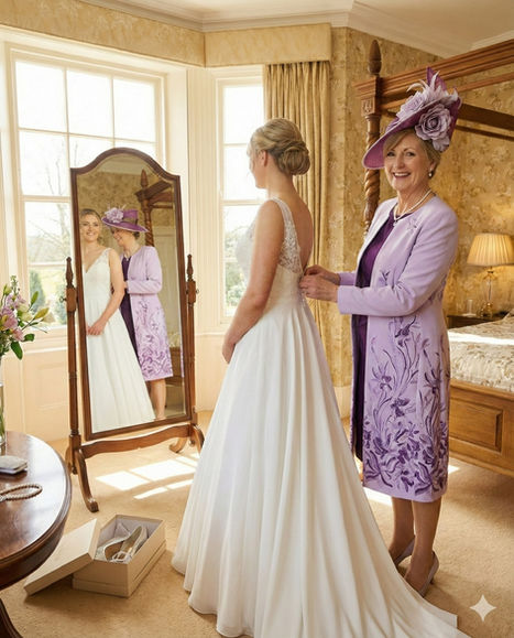 AI image of Mother of the Bride in a lilac and violet dress and coat, with a matching saucer hat helping do up the buttons on her daughter's wedding gown.