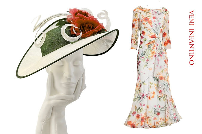 Beautiful floral Veni Infantino dress photographed with mother of the bride wedding hat created by Simon at Marvellous Millinery in Winchester